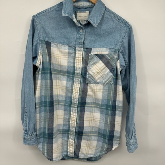 AE Mixed Denim Plaid Flannel Boyfriend Button Down Collar Shirt Women’s XS - Picture 3 of 11